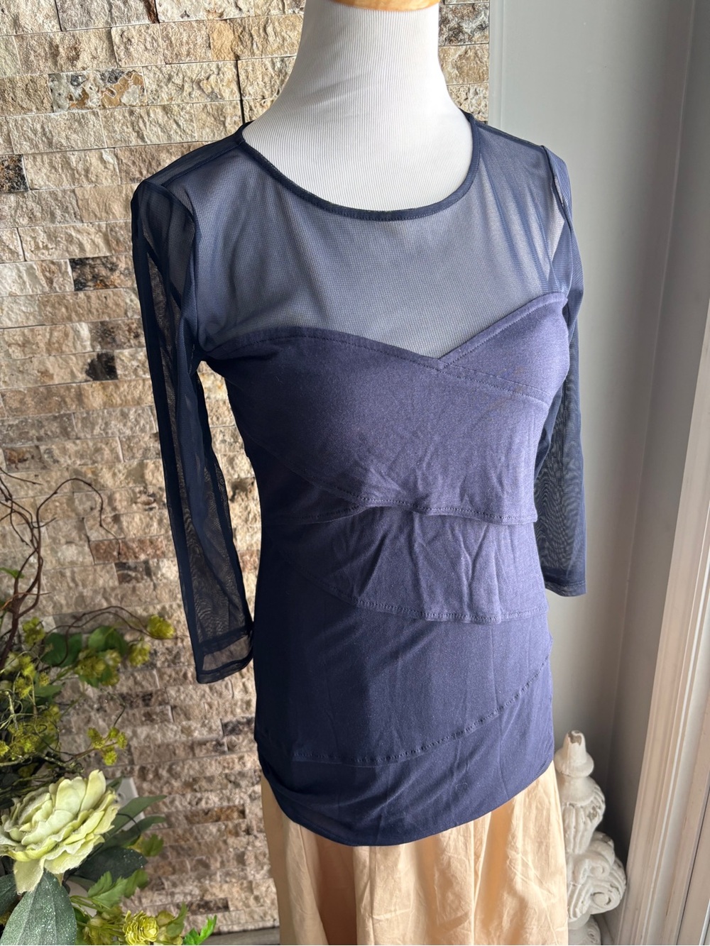 INC International Concepts Navy Mesh Yoke Layered Long Sleeve Top